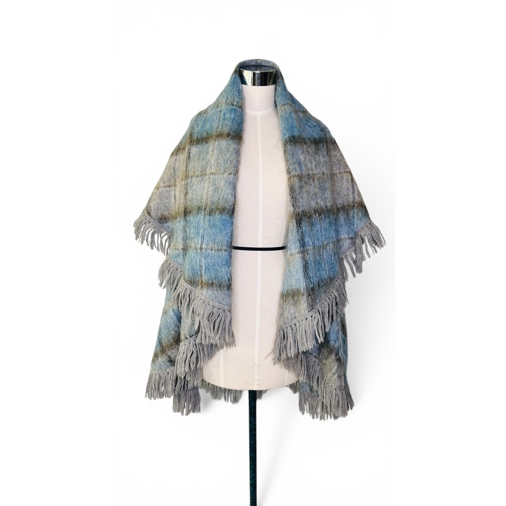 Andrew Stewart Mohair & Wool Blue and Gray Tartan Fringe Short Cape Shawl size M